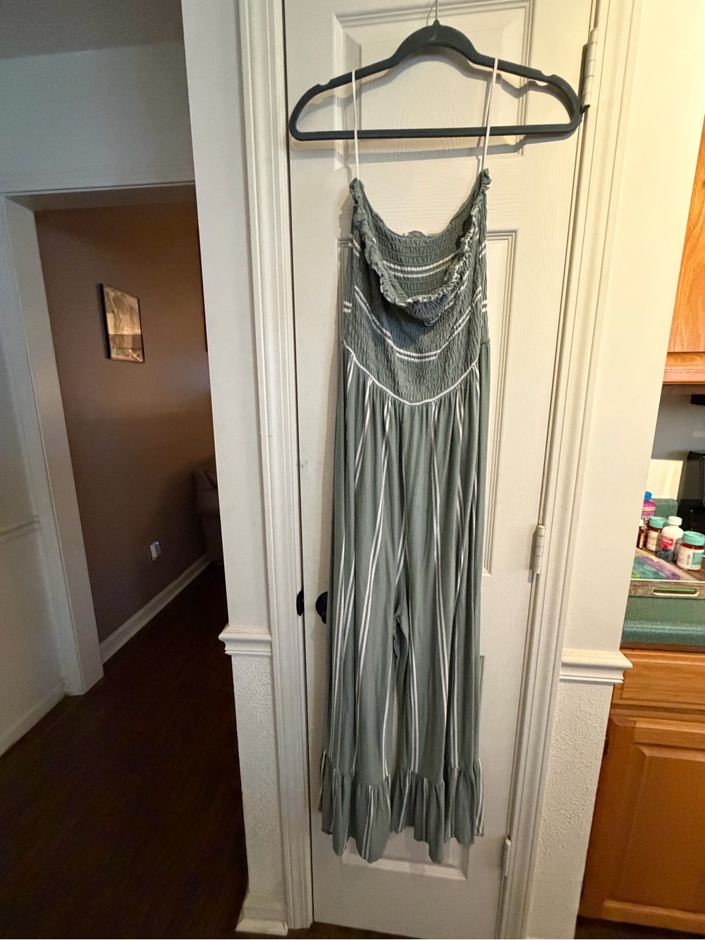 Altar'd State Sage Green Striped Jumpsuit with Ruffle Hem